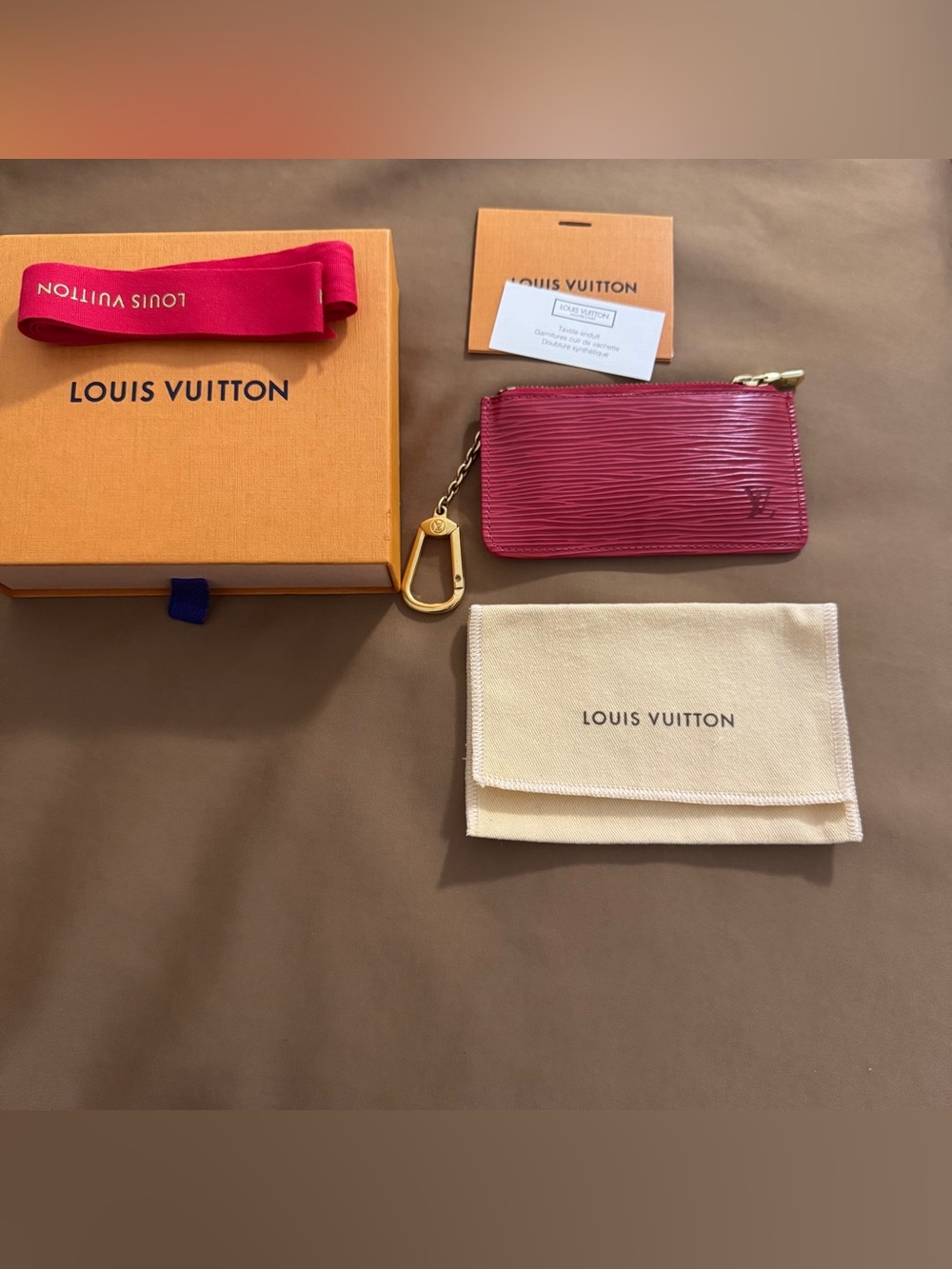 Louis Vuitton Magenta Epi Leather Key Pouch with Gold Chain